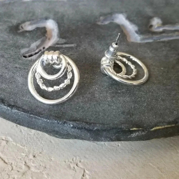 Art Deco Circles Hoop and Twist Sterling Silver Plated Stud Earrings - Picture 6 of 6